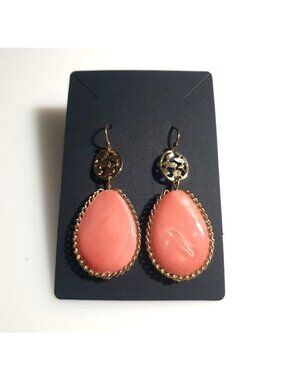 Gold Tone Teardrop Dangle Earrings Pink Bead Scroll Oval Accent Hook Costume
